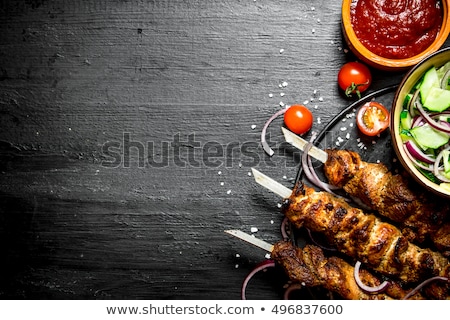 Stock fotó: Steak And Spicy Sauce On Blackboard