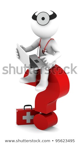Stock photo: Medic With Laptop Sittting On Red Question Mark