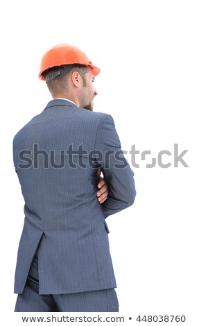 ストックフォト: Happy Businessman In Helmet With Arms Folded Over White Background
