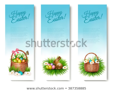 ストックフォト: Three Natural Blue Easter Eggs In A Basket
