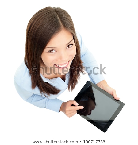 Smiling Woman With Tablet Computer Isolated On White Background Stockfoto © Ariwasabi