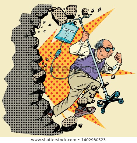Stop Ageism An Old Patient Escapes From The Hospital Grandpa With A Dropper Breaks The Wall Stock fotó © studiostoks