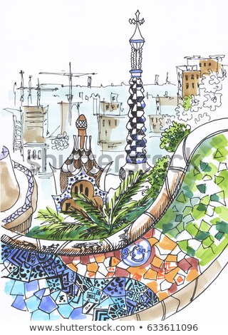 Stok fotoğraf: Green Trees Of Park Guell In Barcelona Spain