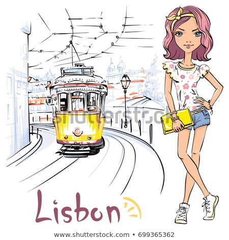 Stock photo: Girl And Yellow 28 Tram Alfama Lisbon Portugal