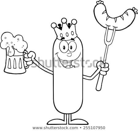 Stock photo: Black And White Black And White Happy Sausage Cartoon Character Holding A Beer And Weenie On A Fork