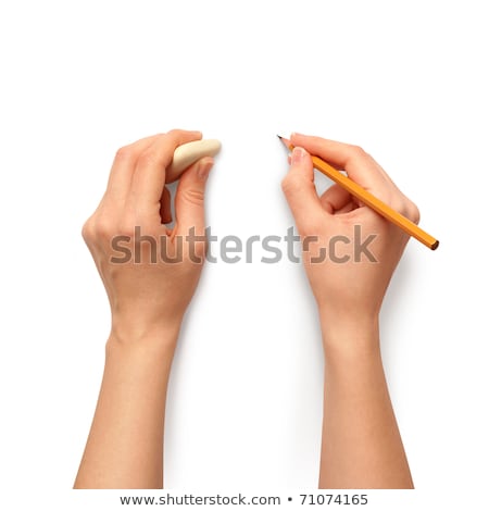 Foto d'archivio: Human Hands With Pencil And Erase Rubber Writting Something