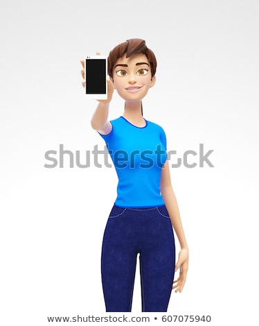 Foto stock: Mobile Phone Mockup With Blank Screen Held By Smiling And Happy Jenny