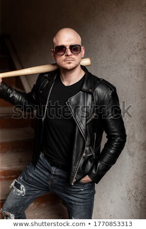 Stock fotó: Portrait Of A Bald Gangster In Leather Jacket