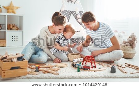 Stock fotó: Boys Playing Toy Blocks In Kids Tent At Home