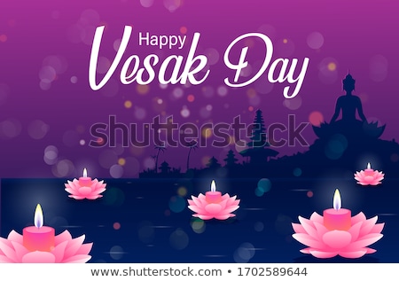 Stockfoto: Vesak Day Card Of Candles And Pink Lotus Flower