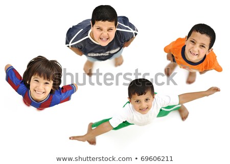 Foto stock: Happy Child Positive Fresh Little Smiling Boy From Above Different Angle Isolated On White Full