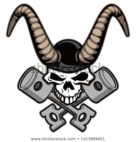 Stockfoto: Skull With Horns And Crossed Pistons Vector Illustration