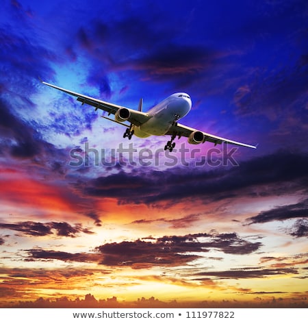 Zdjęcia stock: Jet Plane Is Maneuvering For Landing In A Spectacular Sunset Sky