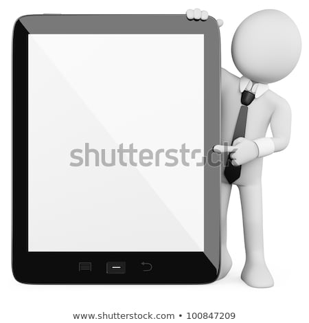 Imagine de stoc: 3d Man Holding A Blank Tablet Pc Advertising Concept