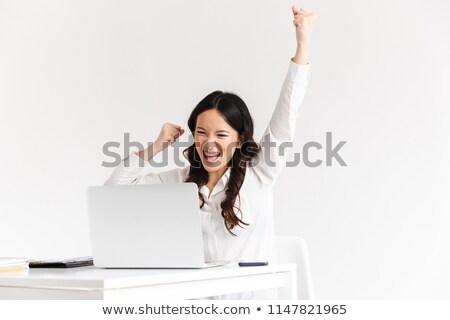 Zdjęcia stock: Photo Of Happy Chinese Businesswoman With Long Dark Hair Screami