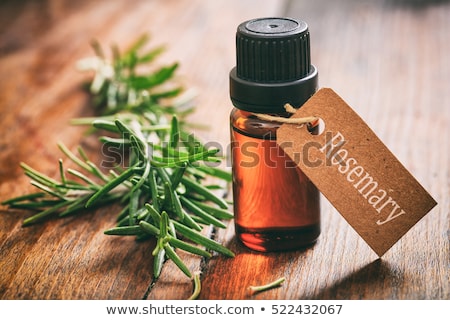 Foto stock: A Bottle Of Rosemary Essential Oil With Fresh Rosemary