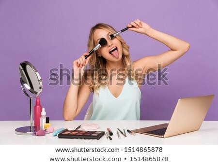 Foto stock: Woman Posing Isolated Holding Mirror Showing Tongue