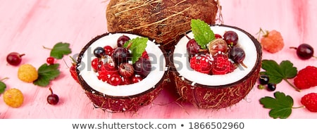 ストックフォト: Banner Of Fruit Salad Agrus Gooseberry Rasbberry In Coconut Shell Bowl