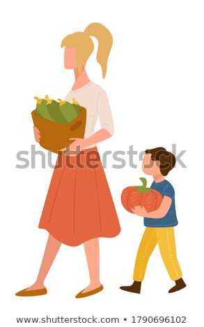 Foto stock: Amilia · con · niña · comprar · calabaza · en · supermercado