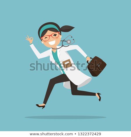 Foto stock: Emergency Woman Doctor Running To Help With Stethoscope Showing Ok Gesture