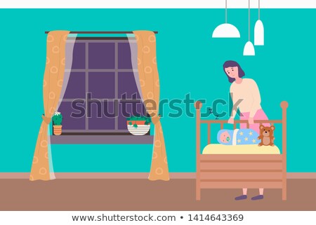 Foto d'archivio: Mom Standing Near Sleeping Newborn Bedroom Vector