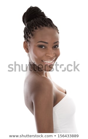 Stock fotó: Young Woman In Strapless Dress Isolated On White