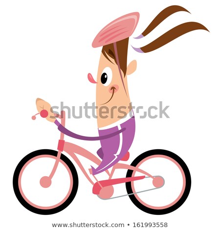 Stock photo: Cartoon Girl With Ponytail And Helmet Riding Pink Bike Smiling