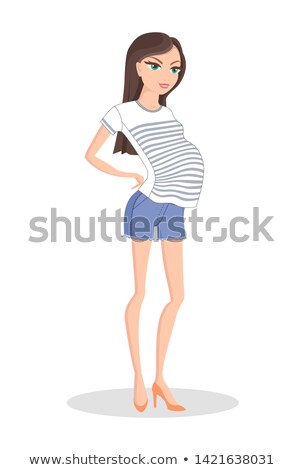 Stok fotoğraf: Cheerful Mom In Short Shorts And Striped T Shirt