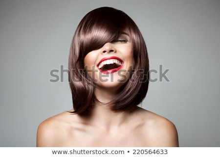 [[stock_photo]]: Smiling Beautiful Woman With Brown Short Hair Haircut Hairstyle Fringe Professional Makeup
