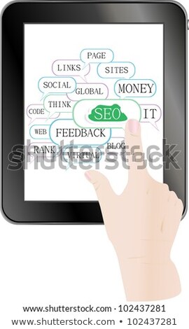 Tablet Pc With Cloud And Tags On Social Engine Optimization Stockfoto © fotoscool