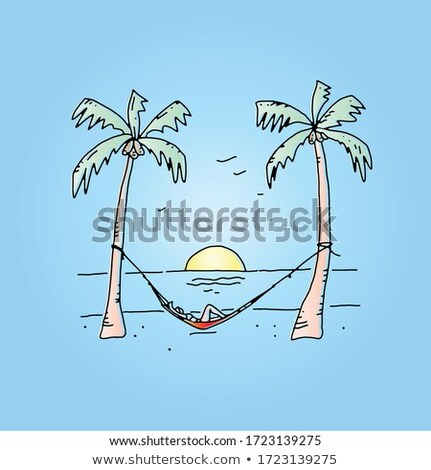 Foto stock: Sun Palm Tree And Hammock Drawn On Sand At Beach