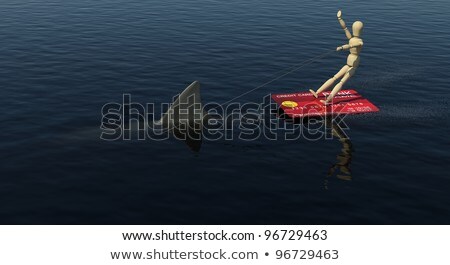 The Wooden Man On A Credit Card Is Floating On The Water In The Attitude Of The Surfer 3d Rendering [[stock_photo]] © cherezoff