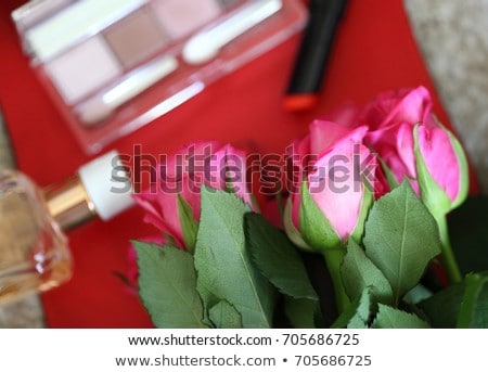 Stockfoto: Eyeshadow Palette And Make Up Brush On Rose Background Eye Shad