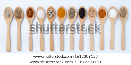 Black Board Wooden Spoon And Spices - Cooking Background Stok fotoğraf © sundaemorning