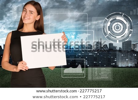 Businesswoman Hold Paper Sheet Virtual Elements And City Stockfoto © cherezoff