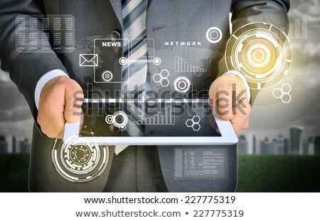 Man Hands Using Tablet Virtual Elements Near Computer Stockfoto © cherezoff