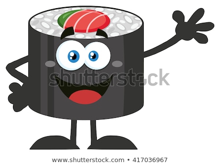 Foto stock: Sushi Roll Cartoon Mascot Character With Caviar Waving