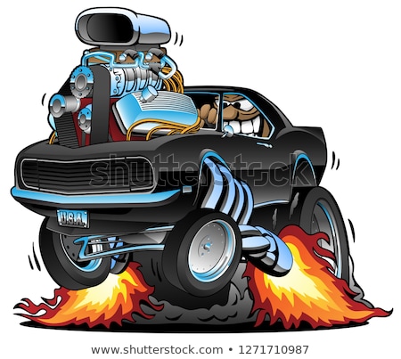 [[stock_photo]]: Classic Muscle Car Popping A Wheelie Huge Chrome Engine Crazy Driver Cartoon Vector Illustration