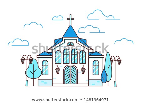 ストックフォト: Line Art House Christian Church With Trees And Lanterns