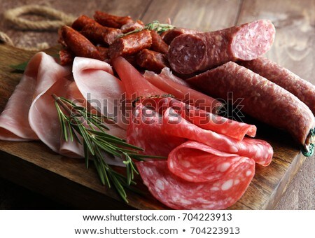 Stock photo: Cheese And Salami Sausage On Wooden Board