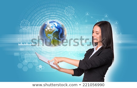 Women Using Digital Tablet Earth With Figures And Network Stockfoto © cherezoff