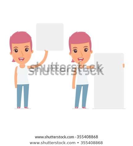 Foto d'archivio: Funny Character Blogger Girl Holds And Interacts With Blank Form