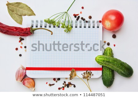 Stockfoto: Blank Paper For Recipes With Bay Leaf And Garlic