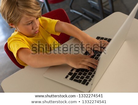 Zdjęcia stock: High Angle View Of Cute Caucasian Boy Using Laptop At Desk In A Classroom At Elementary School
