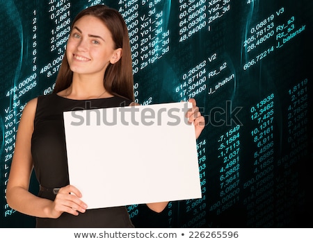 Businesswoman Holding Empty Paper And Glowing Figures Stockfoto © cherezoff
