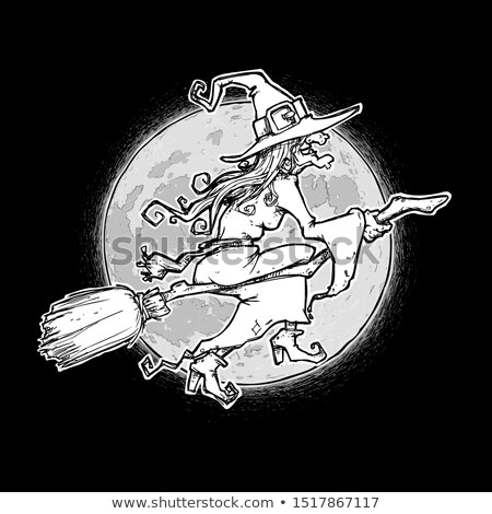 Foto d'archivio: Halloween Comic Icons - Witch On A Broom Against The Moon - Blac