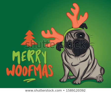 Stockfoto: Merry Woofmas Xmas - Funny Hand Drawn Vector Saying With Pug Dog Character