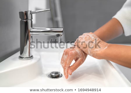 Hand Washing Lather Soap Rubbing Wrists Handwash Step Woman Rinsing In Water At Bathroom Faucet Sink Zdjęcia stock © Maridav