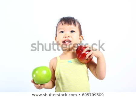 Foto stock: Equeño · bebé · sosteniendo · una · manzana