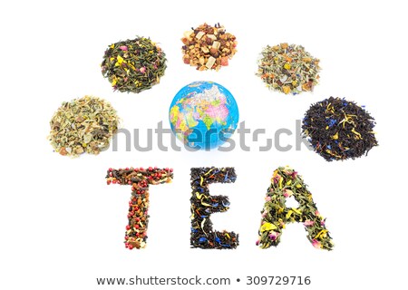 Stock fotó: Word Tea With Globe And Various Heaps Of Tea Species